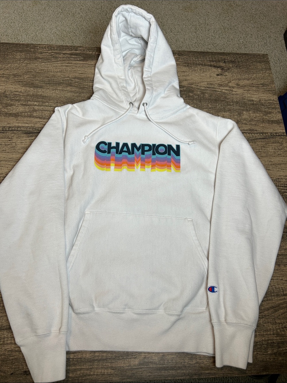 Champion White Hoodie with Retro Logo